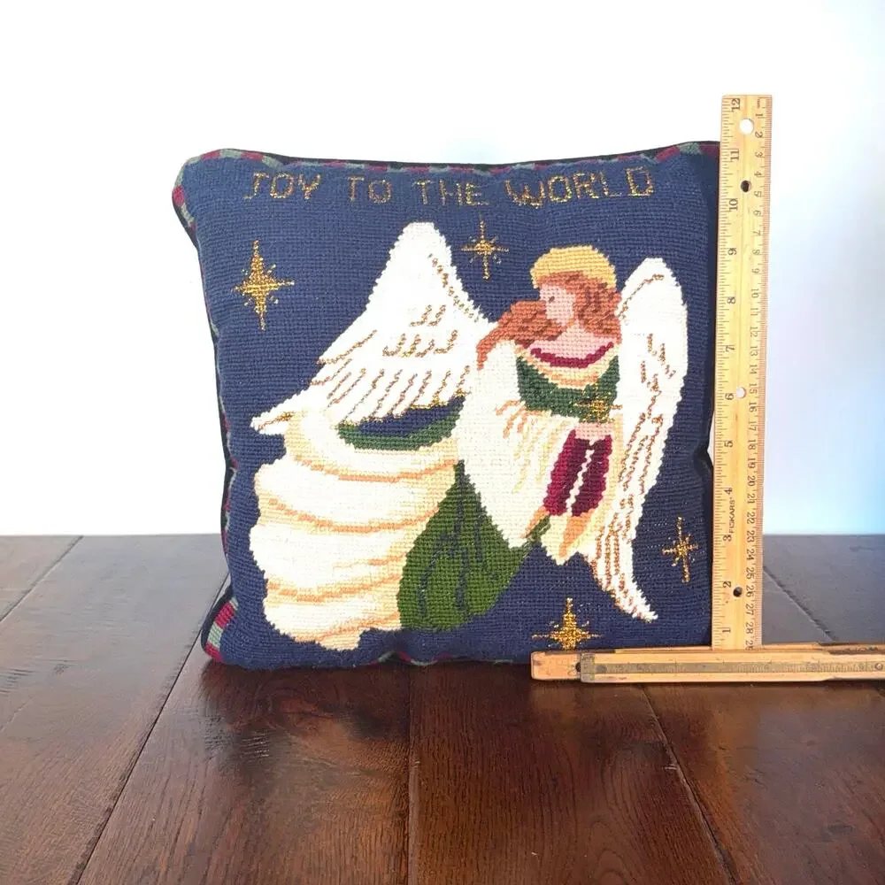 Vintage Christmas Needlepoint Pillow | Angel Joy to the World Holiday Decor